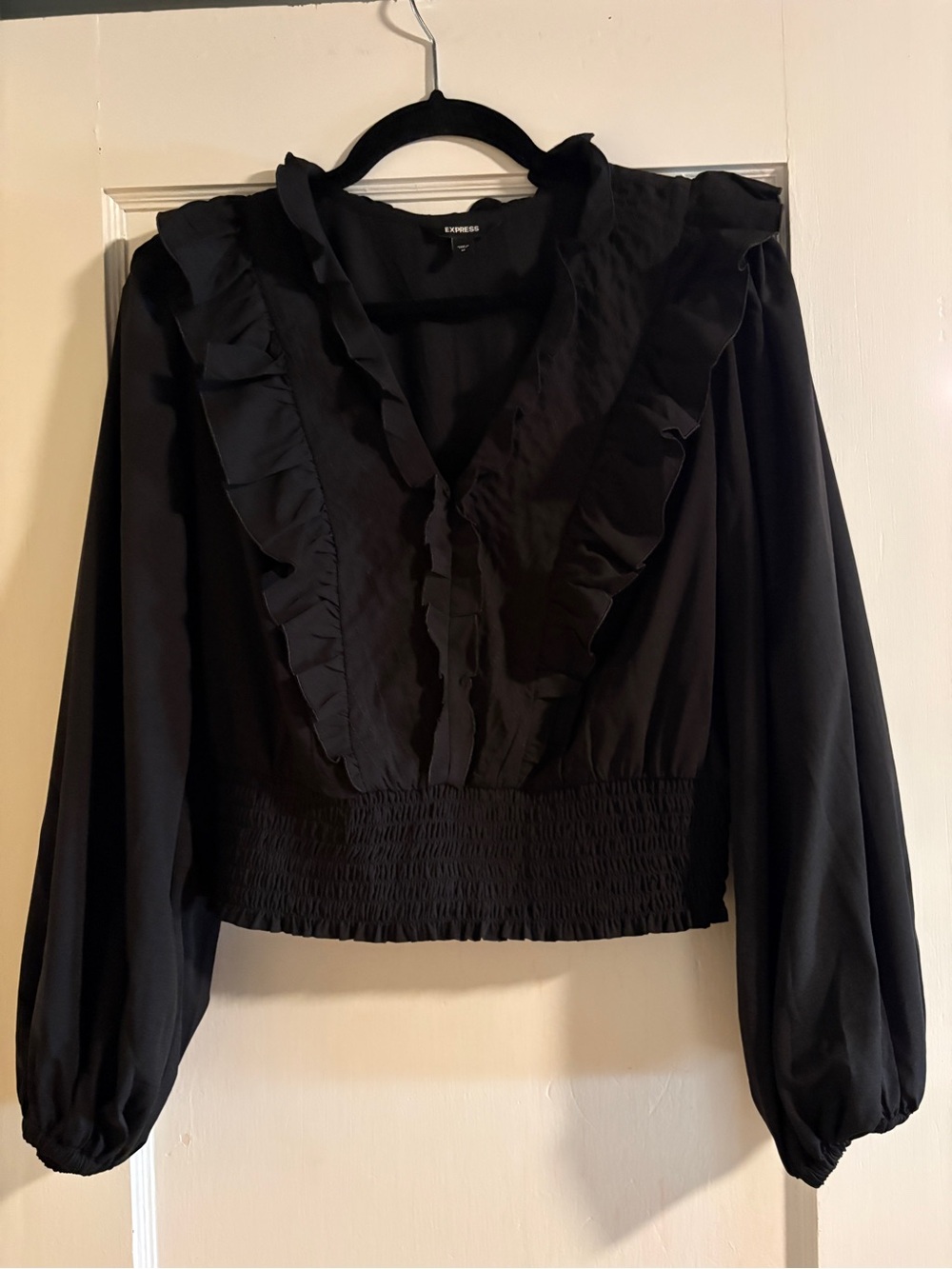 Express Black Ruffle V-Neck Smocked Waist Blouse